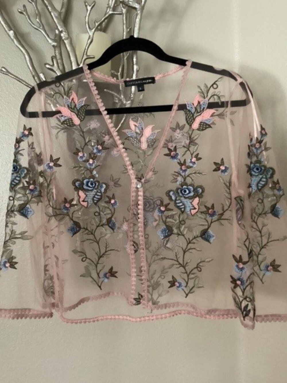 Chris McLaughlin pink and blue embroidered top, shrug, size large